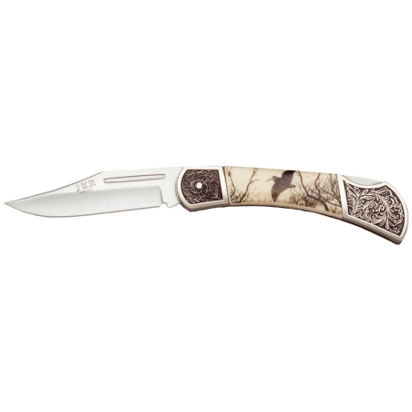 JKR STAINLESS STEEL - Couteau pliant - gravure bécasse - Lame 80mm - Manche Zamak