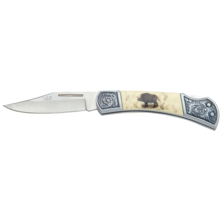 JKR STAINLESS STEEL - Couteau pliant - GRAVURE SANGLIER - Lame 80mm - Manche Zamak