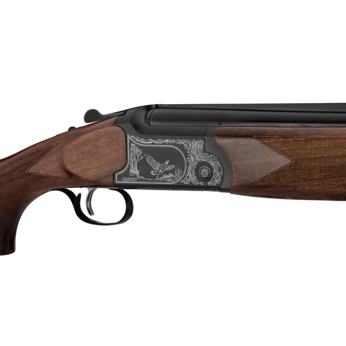 COUNTRY - fusil de chasse superposé avec modérateur de son - cal. 12/76 - gravure COUNTRY - fusil de chasse superposé avec modérateur de son - cal. 12/76 - gravure
